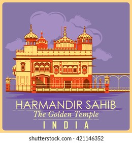 Vintage poster of Golden Temple in Amritsar, famous monument of India . Vector illustration