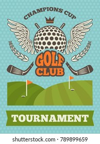 Vintage poster for golf tournament. Vector illustration. Golf sport competition banner with badge championship