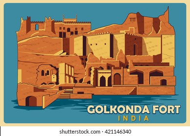 Vintage poster of Golkonda Fort in Hyderabad, famous monument of India . Vector illustration
