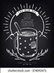 Vintage poster Good Morning with big cup of tea. Mountain landscape. Sunrise. Tribal elements. Freehand drawing with imitation of chalk sketch