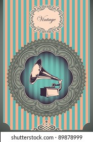 Vintage poster with gramophone. Vector illustration.
