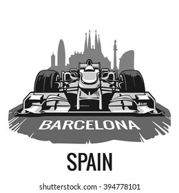 Vintage poster Grand Prix Barcelona Spain Formula 1. Vector flat illustration for logotype, web.