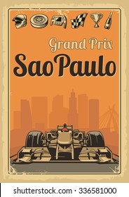 Vintage poster Grand Prix Sao Paulo. Set symbols racing sport car, cup, helmet, finish flag, wheel, champagne.  Hand drawn design element for label.