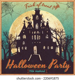 Vintage poster for Halloween - a haunted castle on the moon background