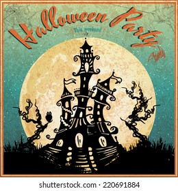 Vintage poster for Halloween - a haunted castle on the moon background