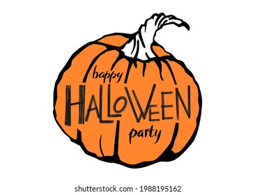 Vintage poster with Halloween lettering, hand-drawn pumpkins and bats. Good for invitation or greeting card in minimalist style with traditional Halloween symbols.