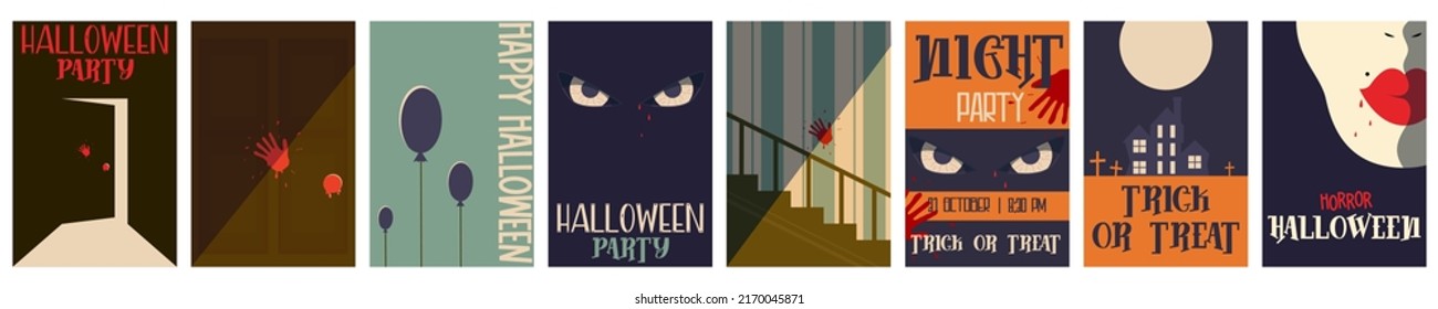 Vintage poster Halloween movie minimalism set for flyer design. Horror old cinema. Layout template. Party decoration. Creative vector illustration. Holiday poster design. Horror old cinema movie.