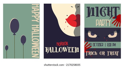 Vintage poster Halloween movie minimalism set for flyer design. Horror old cinema. Layout template. Party decoration. Creative vector illustration. Holiday poster design. Horror old cinema movie.