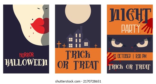 Vintage poster Halloween movie minimalism set for flyer design. Horror old cinema. Layout template. Party decoration. Creative vector illustration. Holiday poster design. Horror old cinema movie.