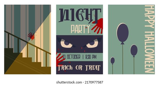 Vintage poster Halloween movie minimalism set for flyer design. Horror old cinema. Layout template. Party decoration. Creative vector illustration. Holiday poster design. Horror old cinema movie.