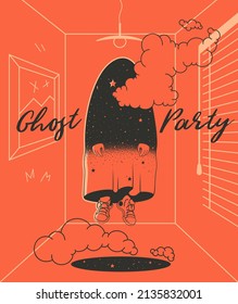 Vintage poster for halloween party. Vector image of a grunge ghost in the corridor on a red background. 