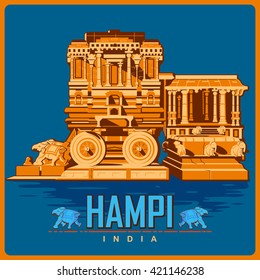 Vintage poster of Hampi in Karnataka, famous monument of India . Vector illustration