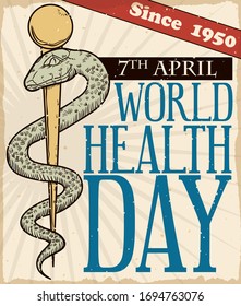 Vintage poster in hand draw style with Asclepius rod, reminder for World Health Day celebration this 7th April and commemoration of this event realized since 1950.