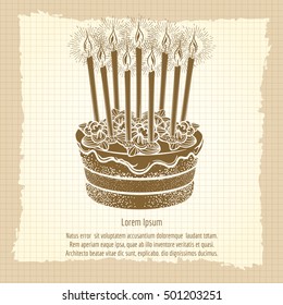 Vintage poster with hand drawn birthday cake and candles. Vector illustration
