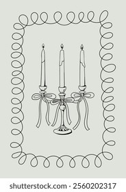 Vintage poster with hand drawn candles, bows and quirky frame. Vector hand drawn illustration in sketch style. Retro greeting card with candelabrum 