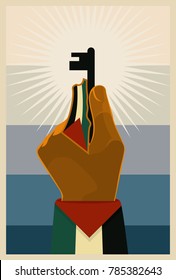 Afiche vintage con la llave y símbolo del mapa palestino. Bandera de Palestina. Afiche vectorial de propaganda. Pasos 08.