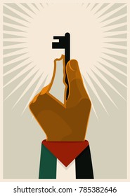 Vintage poster of hand with key and symbol of Palestine map. Flag of Palestine. Propaganda vector poster. eps 08.