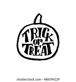 Vintage poster with hand lettering text for Halloween Party on pumpkin. Trick or Treat holiday tradition.