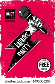 Vintage poster with hand and microphone. Vocal battle background. Retro style vector template.