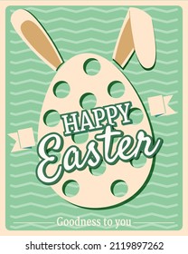 Afiche de época tarjeta de felicitación feliz de Pascua, huevo, orejas de conejo, texto. vector de fondo de plantilla de ilustración retro