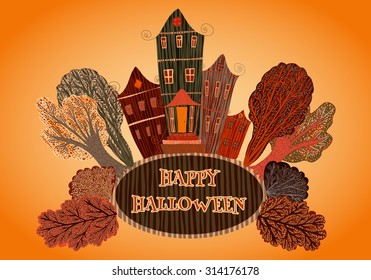 Vintage poster Happy Halloween with house and trees. Card, print, postcard, invitation, flyer in cartoon style. Hand drawn vector illustration. 