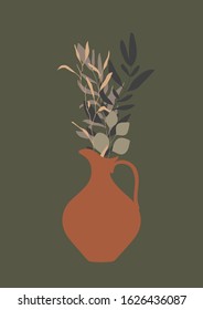 Vintage poster with herbs, branches, leaves and vase. Design floral elements. Hand drawn floral elements. Vintage botanical illustration. Template for card, poster, flyer, home decor