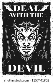 Vintage poster with horned devil head vector illustration with grunge textures and headline text on separate layer