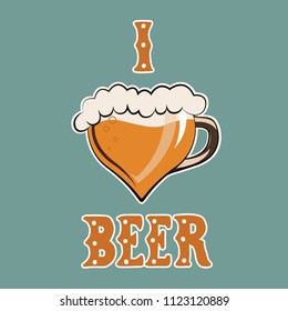 Vintage poster "I love beer". A glass mug in the form of a heart and text.