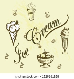 a vintage poster of ice cream and calligrafic letters