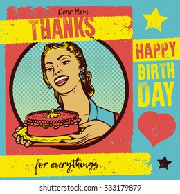 Vintage poster illustration of happy mothers day. Woman housewife serving cake. Woman holding a cake with textured background. Isolated artwork object. Suitable for any print and on-line media need.