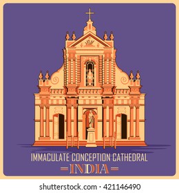 Vintage poster of Immaculate Conception Cathedral in Pondicherry, famous monument of India . Vector illustration