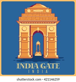 Vintage poster of India Gate in Delhi, famous monument of India . Vector illustration
