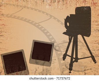 Vintage poster with instant photos, film strip and old photo cameras
