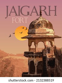 Vintage poster of Jaigarh Fort in Rajasthan, famous monument of India.