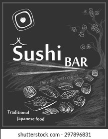 Vintage poster for Japanese restaurant with fish rolls and chopsticks vector illustration