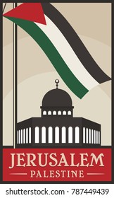 Vintage Poster of Jerusalem Old City, Palestine. Vector illustration, logo, and icon. eps 8. Flag of Palestine.