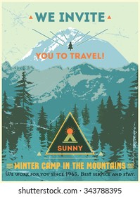 Vintage Poster Journey To The Mountains. Retro Design Mountain Camp Outdoors. Retro Mountain Logo Design Elements. Leaflet Mountain. Poster  Mountains. Adventure Travel Poster.