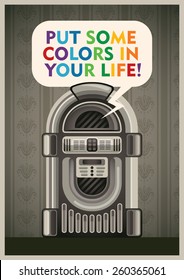 Vintage poster with jukebox. Vector illustration.
