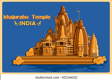 Vintage poster of Khajuraho Temple of Madhya Pradesh, famous monument of India . Vector illustration