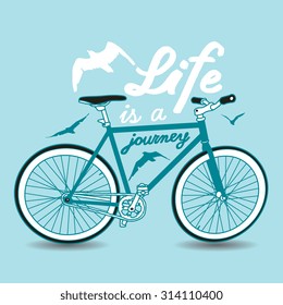 Vintage poster "Life is a journey" with fixed gear bicycle and birds. Vector isolated illustration