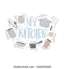 Vintage poster for lifestyle design. Vector background. Cooking food lettering. Restaurant illustration. Poster, card, label, banner design. Kitchen poster. Lettering typography.