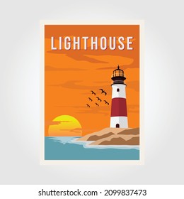 vintage poster lighthouse on the beach with seagulls and ocean on background vector illustration