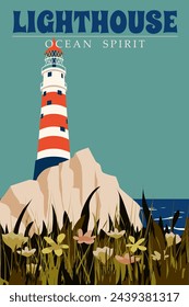 Vintage Poster Lighthouse tower, beacon on seashore ocean