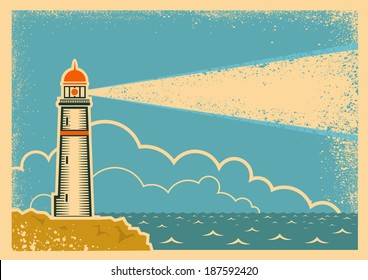 Vintage Poster with Lighthouse.Vector background on old paper texture