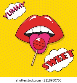 Vintage poster with lips and lollipop in pop art style.