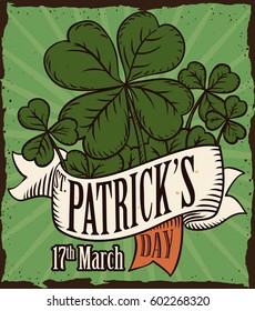 Vintage poster with lucky clovers and a ribbon around them with reminder date for St. Patrick Day celebration.