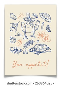 Vintage poster with Mediterranean cuisine. Retro Italian banner with pencil drawn champagne, oyster, tomatoes and pie. Elegant blue ink pen drawing. Kitchen, restaurant decoration. Vector illustration