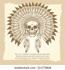 Vintage poster with men skull in feathers headdress vector illustration