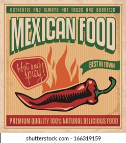 Vintage poster for Mexican food. Retro vector design template for restaurant on old paper texture.