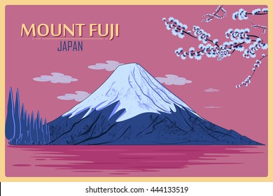 Vintage poster of Mount Fuji in Tokyo, Japan. Vector illustration